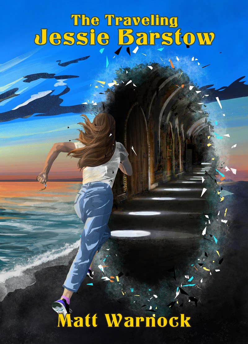 Cover of The Traveling Jessie Barstow by Matt Warnock — a girl runs across a black-sand shore toward a glowing portal.